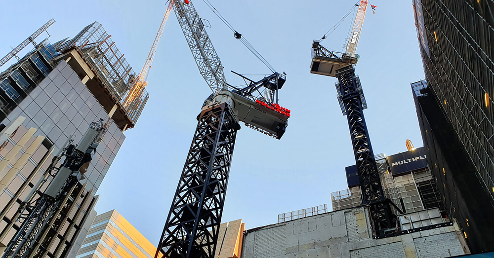 Cranes working on multi-storey building projects.