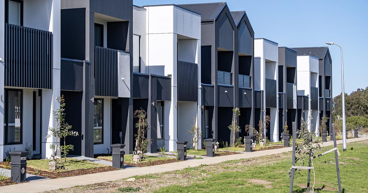 A row of modern medium-density townhouses with landscaped front gardens and pedestrian pathways in a newly developed residential neighbourhood.