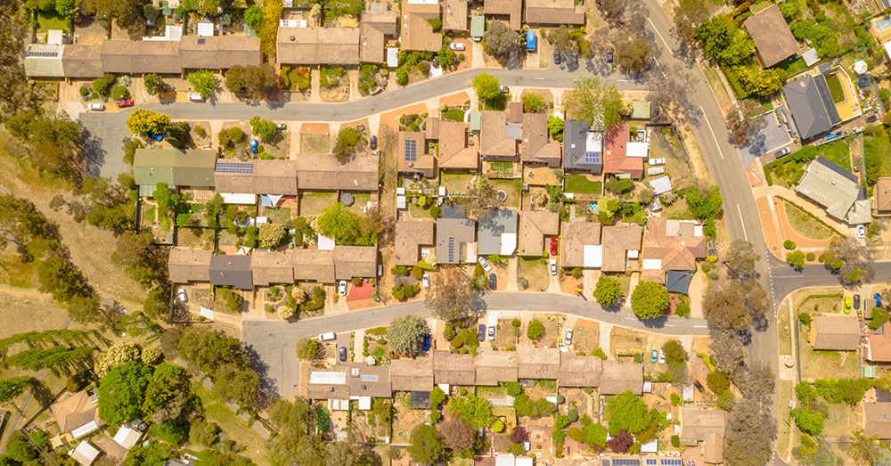 Aerial view of suburban houses.