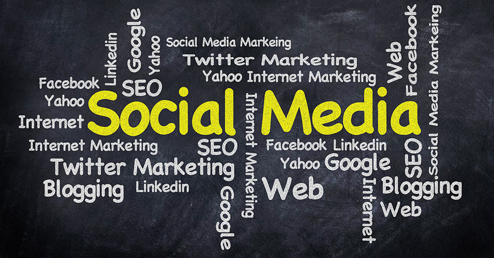 A graphic with the main word Social Media surrounded by other key words.