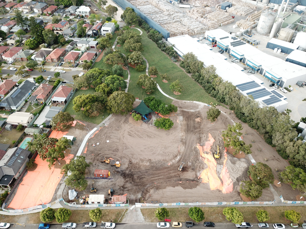 aerial view of soil capping works at Purcell Park, Matraville