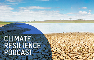 Banner that reads Climate Change Podcast. Image shows cracking mud from a dry lake bed