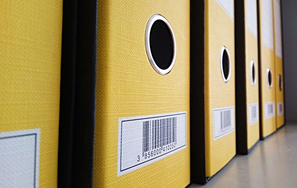 Yellow ring-binder folders lined up in a row.