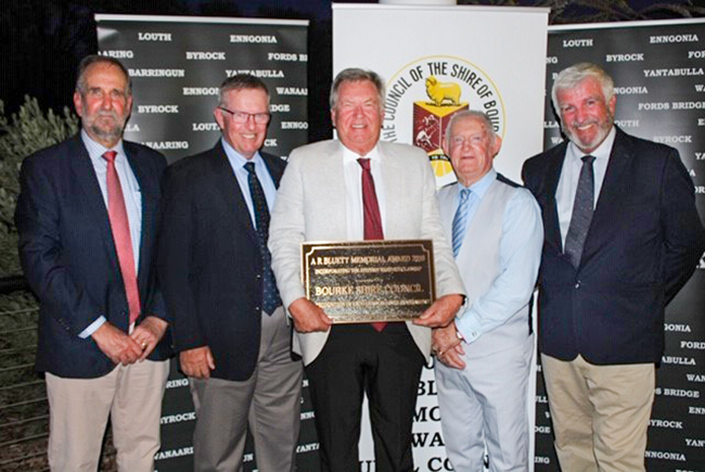 L-R Bourke Shire Council General Manager Ross Earl; Member for Parkes and Minister for Local Government Mark Coulton, Chairman of the A. R. Bluett Memorial Award Trustees Les McMahon; Bourke Shire Council Mayor Barry Hollman; and A. R. Bluett Memorial Award Trustee Cr Mike Montgomery AM.